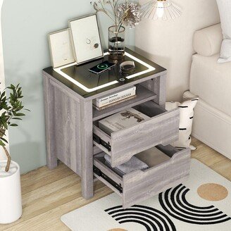 Tiramisubest Modern Storage 2 Drawers Nightstand w/wireless Charging, adjustable LED