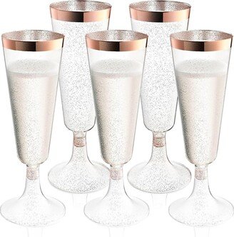 Chateau Fine Tableware Plastic Champagne Flutes Disposable - Rose Glitter with a Rose Rim - [1 Box of 48] 4.5 Oz Premium Toasting Flutes, Elegant Stylish Mimosa Glasses for