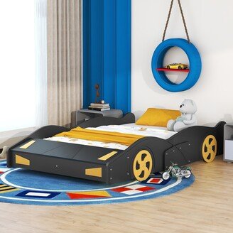 GREATPLANINC Full Size Race Car-Shaped Platform Bed with 4 Wheels & Storage, Solid Wood Bed Frame for Kids Boys Girls, No Box Spring Needed