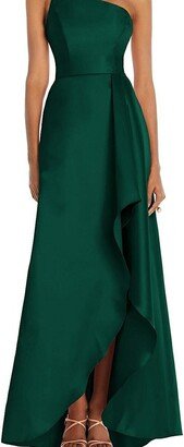 One-Shoulder Satin Gown With Draped Front Slit And Pockets