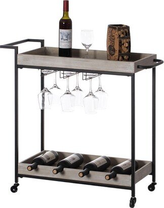 Metal Wine Bar Serving Cart with Rolling Wheels, Wine Rack, and Glass Holder