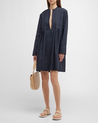 Pleated Long-Sleeve Mini Trapeze Dress