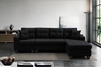 GREATPLANINC Black Linen Sofa Set Corner Couch Set with Cupholder and Throw Pillows