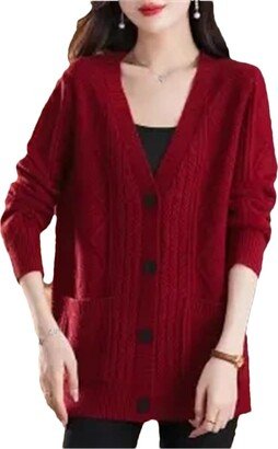 Hdhdeueh Women Single Breasted Knitted Cardigan Sweater Long Sleeve Pockets Knitwear Tops Wine Red XXL