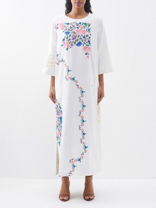 Floral-embroidered Vintage-linen Dress