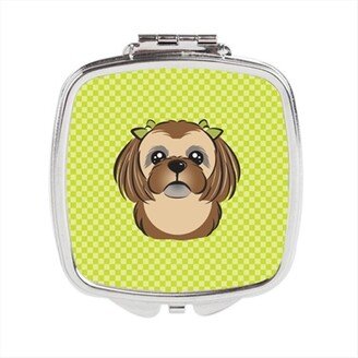 Awesome Apparel Checkerboard Lime Green Chocolate Brown Shih Tzu Compact Mirror, 2.75 x 3 x .3 In.