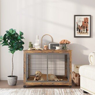 IGEMAN Rustic Dog Crate Side Table on Wheels with Double Doors and Lift Top