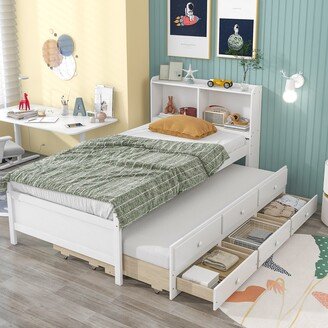 TiramisuBest Platform Bed with Bookcase, Trundle And Drawers, Twin Bed