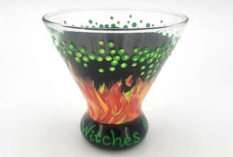 Witches Brew Cocktail Glass - Hand Painted Halloween Party Stemless Martini Witch Cauldron Flames, Green Bubbles, Buckle