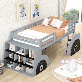 IGEMAN Twin Size Forklift Car-Shaped Loft Bed with Storage Shelves for Kids