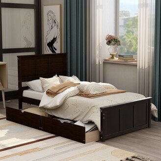 EDWINRAY Twin Size Sturdy Solid Wood Frame Platform bed, Storage Bed with 2-Drawers and Wheels