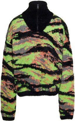 Green High Neck Sweater with All-Over Jacquard Graphic Pattern in Wool and Cotton Blend