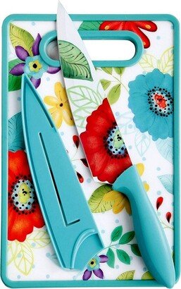 Studio California Jordana 3 Piece Cutlery Knife and Cutting Board Set in Turquoise Floral Pattern