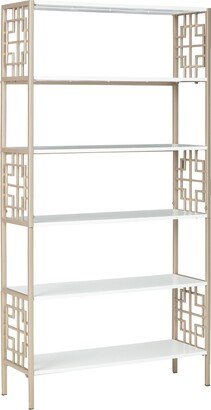 70 Inch Freestanding Bookcase, Gold Geometric Metal Frame, Classic White