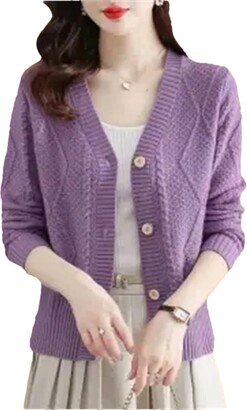 Hdhdeueh Womens Short Sweater Knit Cardigan Single Breasted Casual Knitwear Tops Loose Outwear Purple M