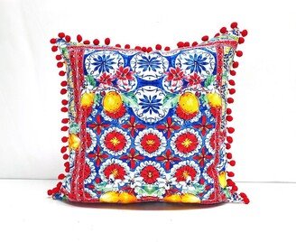 Lemon Printed Pillow Cover With Pom