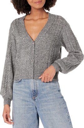 Women's Sofie Cardigan Cropped Full Sleeves Cable Knit in Heather Grey/Silver