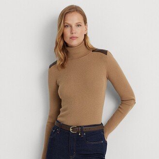 Ralph Lauren Faux-Leather-Trim Ribbed Turtleneck-AA