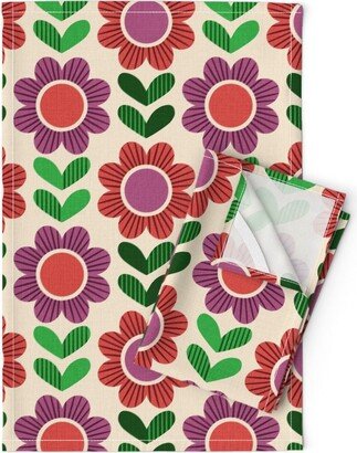 1960S Floral Tea Towels | Set Of 2 - Retro Zinnia Flowers By De Koro Mid Century Modern Meadow Linen Cotton Spoonflower