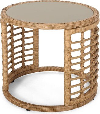 Tatiana Outdoor Modern Boho Wicker Side Table with Tempered Glass Top