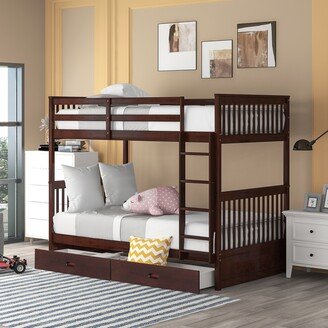 GREATPLANINC Twin-Over-Twin Bunk Bed with 2 Storage Drawers, Solid Wood Bed Frame with Guardrail & Ladder, Convertible into 2 Individual Beds