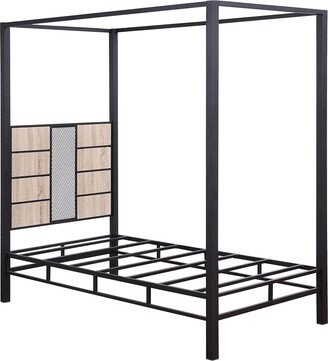 Metal Twin Bed, Wooden Slatted Headboard, Mesh Design, Black