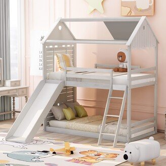 EDWINRAY Twin Over Twin Bunk Bed with Slide, Wooden House Bunk Bed Frame w/Roof, Window & Ladder for Kids Teens, Girls Boys,Antique White