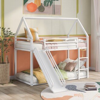 Calnod Twin Over Twin House Bunk Bed with Convertible Ladder and Slide, Low Metal Bedfram with Guardrail for Kids, No Need Spring Box