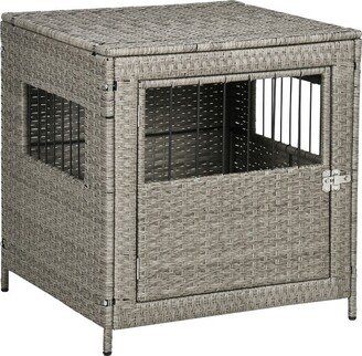 Rattan Dog Crate Dog Kennel Furniture with Lockable Door and Soft Washable Cushion for Small Sized Dogs, Gray