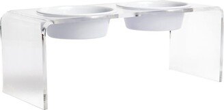 Hiddin Medium Clear Double Bowl Pet Feeder With White Bowls-AA