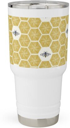 Travel Mugs: Bees Stitched Honeycomb - Gold Travel Tumbler, 30Oz, Yellow