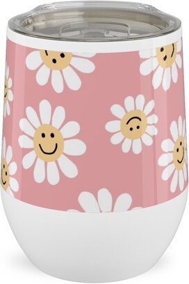 Travel Mugs: Smiley Daisy Flowers - Pink Stainless Steel Travel Tumbler, 12Oz, Pink