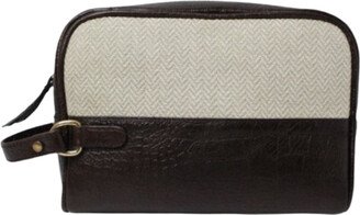 Kapdaa - the Offcut Company Sustainable Leather Pouch - Brown Croco Leather - Cream And Beige Herringbone Pattern