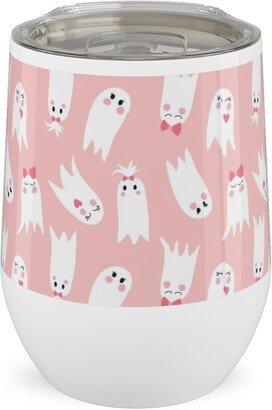 Travel Mugs: Sweet White Ghosts On Pink Stainless Steel Travel Tumbler, 12Oz, Pink