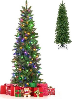 Tangkula 5 ft Artificial Pre-lit Christmas Tree Pencil Christmas Tree w/ 180 Warm White & Multi-color LED Lights 10 Light Modes