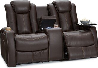 Seatcraft Omega Leather Gel Home Theater Seating Power Recline Loveseat with Center Storage Console and Cup Holders, Brown