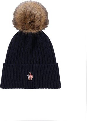 Logo Patch Pompom Ribbed Knit Beanie