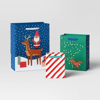 3ct Cub/Large Cub Printed Christmas Gift Bag Santa with Reindeer/Dog/Stripes - Wondershop™