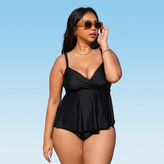 Women's V Neck Wrapped Plus Size Tankini Set 1X-Black