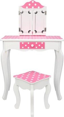 Three-Fold Mirror Single-Drawing Curved Foot Children Dressing Table Red Dots - 23.63 x 11.03 x 38.59