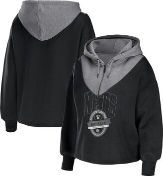 Women's Wear by Erin Andrews Black Brooklyn Nets Pieced Quarter-Zip Hoodie Jacket