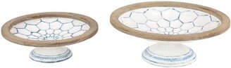 Studio 350 Large White and Natural Wood & Metal Decorative Bowls on Pedestals with Blue Designs Set of 2 - 17 x 17 x 6Round