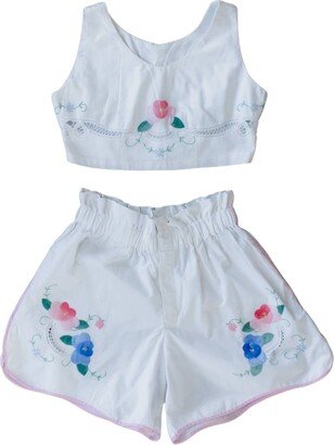 Sugar Cream Vintage Vintage Hand-Embroidered Crop Top & Shorts Set With Floral Prints & Pink Lace Border