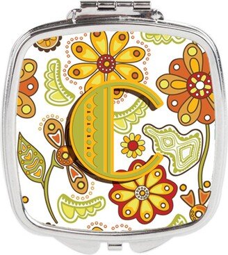 CJ2003-CSCM Letter C Floral Mustard & Green Compact Mirror