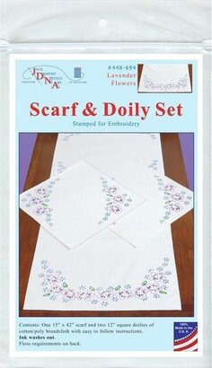 Jack Dempsey Stamped Dresser Scarf & Doilies Perle Edge-Lavender Flowers