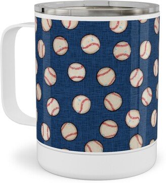 Travel Mugs: Baseball Balls On Blue Linen Stainless Steel Mug, 10Oz, Blue