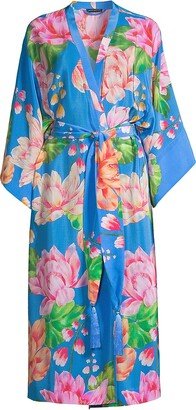 Hanabi Belted Floral Silk Long Robe