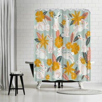 71 x 74 Shower Curtain, Marigold Blush Bunnies And Blooms by Cat Coquillette