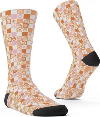 Socks: Retro Checkerboard - Daisy, Smile, Happy - Pink Orange Custom Socks, Orange