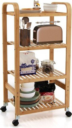 4-Tier Kitchen Serving Trolley Cart Mobile Bamboo Storage Shelf Lockable Casters